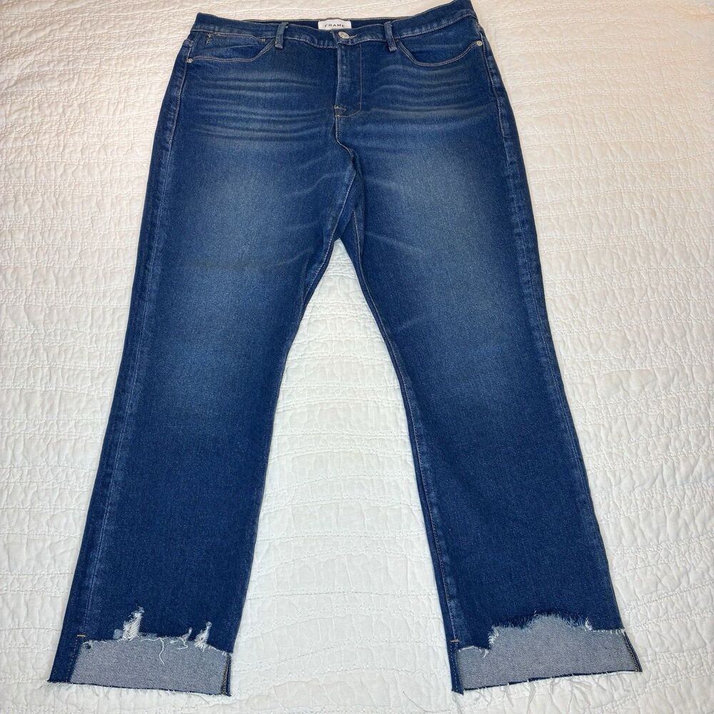 Frame Le High straight leg blue denim Sz 12 high-rise classic‎ raw hem capsule